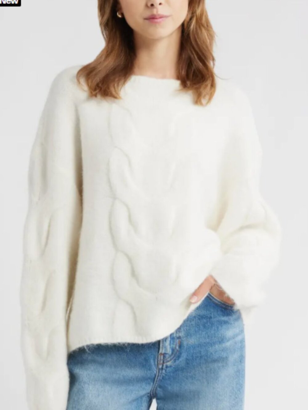 Open Edit Oversized Cable Boatneck Sweater – Size XS (Ivory)